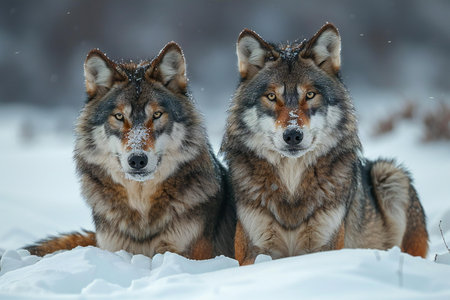Two wolves in the snowy forest, close-up portrait