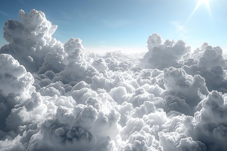 Beautiful aerial view above the clouds with sunlight. 3d render
