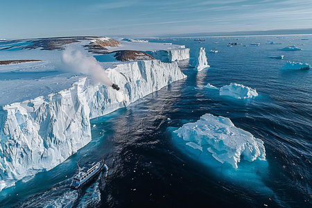 Floating icebergs in the ocean. Aerial view of icebergs in the ocean.