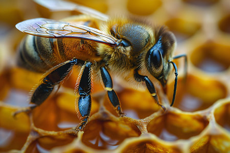 Close up view of the working bee on honeycells. Bee on honeycomb.