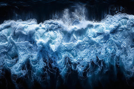 Blue ocean wave breaking on black background. Close-up view.