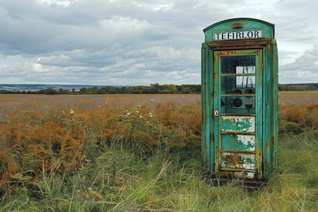 Old telephone booth on a meadow in the north of England.の写真素材