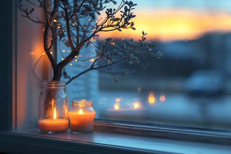 Burning candles in glass jars on the windowsill at sunset.