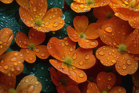 beautiful orange flowers with water drops on petals and green leaves