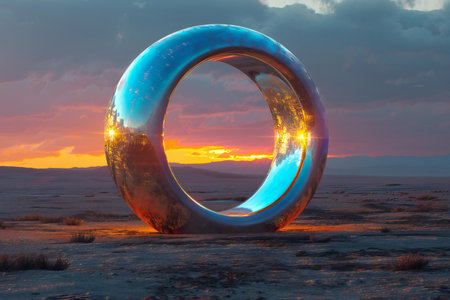Futuristic ring in the middle of the desert at sunset.