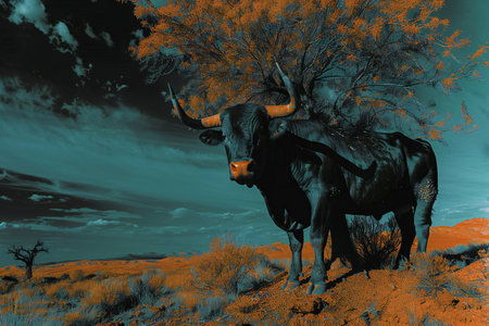 African buffalo in the savannah at sunset.