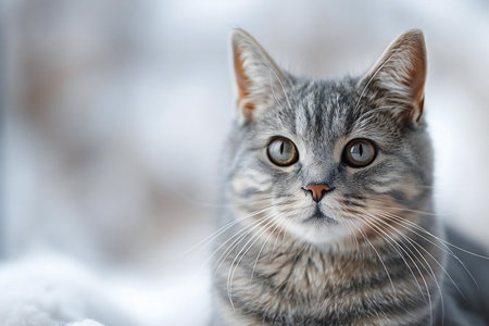 Cute tabby cat on snowy background, closeup. Space for text