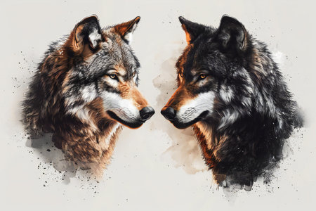 Watercolor painting of two wolf heads on white background. Digital illustration.