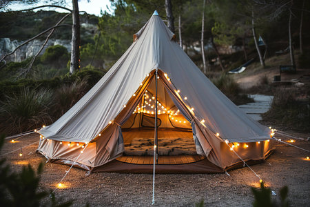Camping tent with lights in the forest. Camping concept.