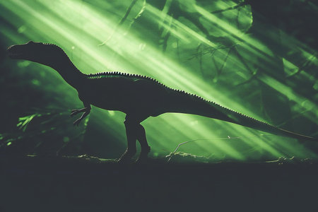 Silhouette of a dinosaur on a background of green grass.の写真素材