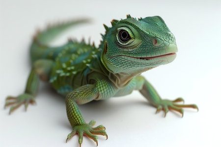 Green iguana isolated on white background, closeup of photo.