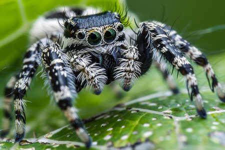 jumping spider on green leaf in nature or in the garden.