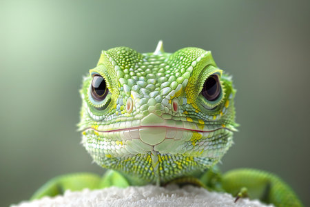 Portrait of a green chameleon on a white towel.