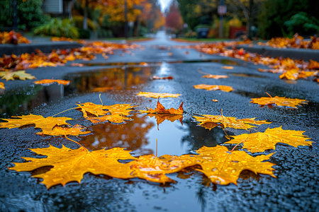 Autumn leaves in a puddle on a rainy day.の写真素材