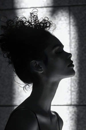 Silhouette of a beautiful girl with curly hair in the studio