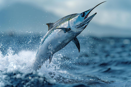 Swordfish jumping out of the water. Blue marlin fish.