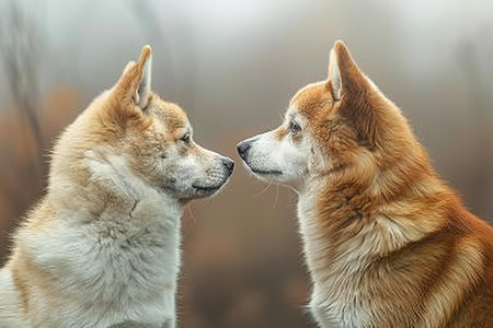 Two dogs in the park. Close-up portrait.