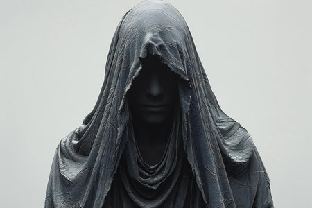 Mannequin in black cloth with hood on a grey background.