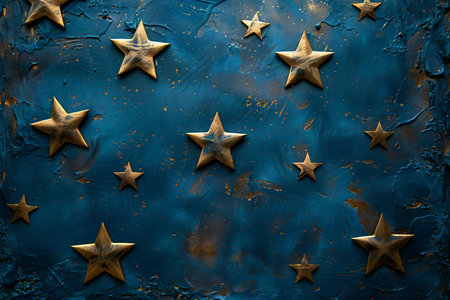 Gold stars on blue textured background. 3D render illustration.