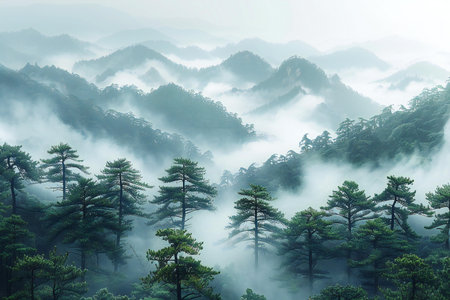 Beautiful landscape of pine tree forest in foggy morningの写真素材