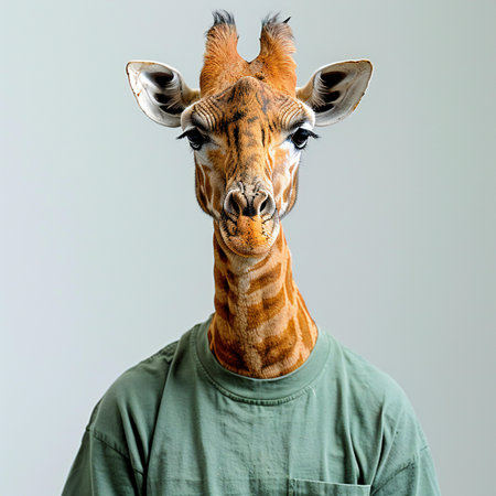 Portrait of a giraffe on a gray backgroundの写真素材