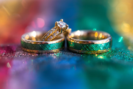 wedding rings on a background of multicolored bokeh