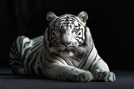 White tiger on black background, close-up portrait of a wild animal