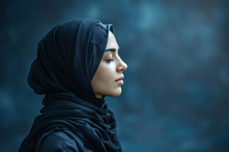 Portrait of a beautiful muslim woman with hijab looking away.の写真素材