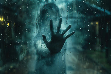 Silhouette of hand behind wet glass.