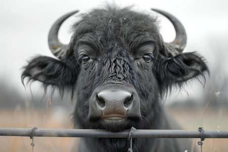 Portrait of a black buffalo in the field. Close-up.