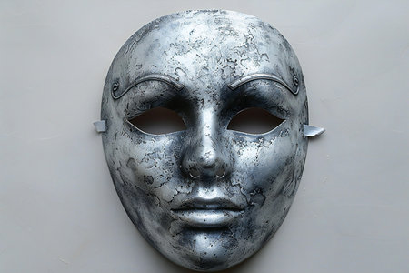 Silver mask on the wall of a building in Venice, Italy.の写真素材