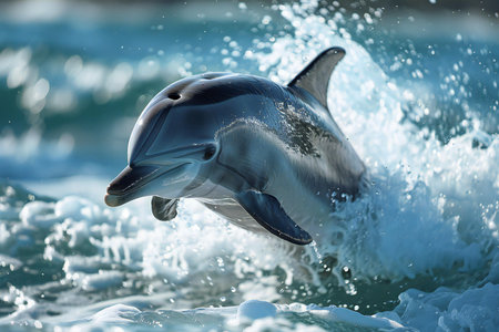 Dolphin jumping out of the water on a sunny day, close-upの写真素材