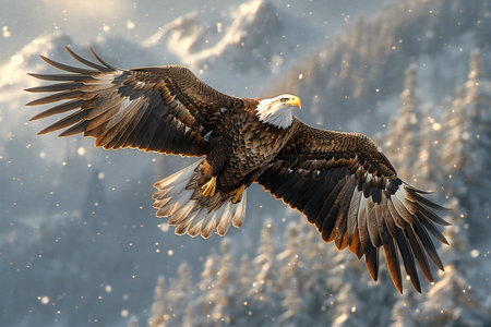 Adult Bald Eagle in flight. Winter in Alaska. Snow covered mountains.