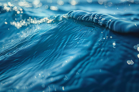 Blue water surface with ripples and bokeh. Abstract background