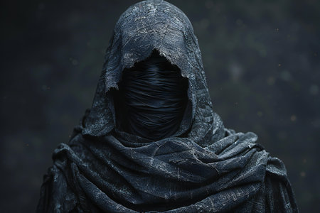 Portrait of woman in death costume with black veil on dark backgroundの写真素材