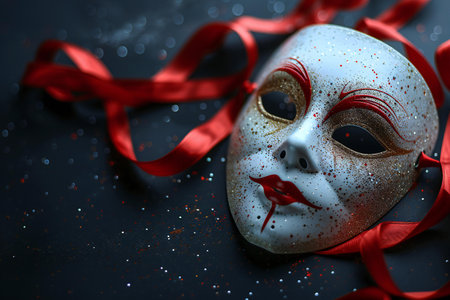Carnival mask with red ribbon on black background, closeupの写真素材