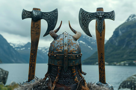 Viking helmet with two axes against the background of the fjord