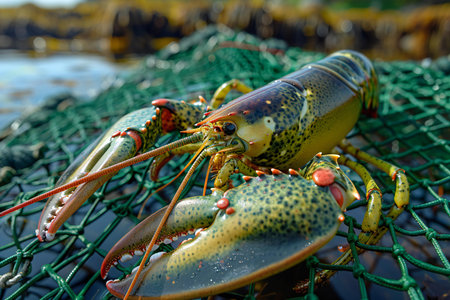 Lobster on a fishing net in the sea. Shallow depth of field.