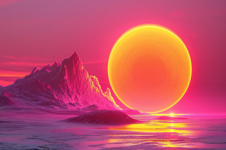 Fantasy alien planet. Mountain and lake. 3D illustration.の写真素材