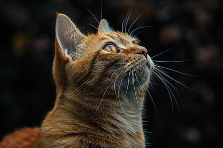 Close up portrait of a ginger cat looking to the side with black background