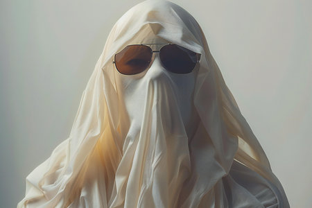 Hooded man in sunglasses and white raincoat on white backgroundの写真素材