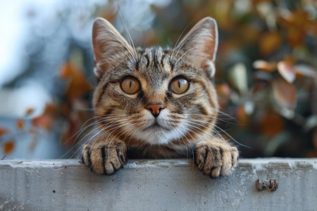 Cute tabby cat sitting on the fence and looking at camera
