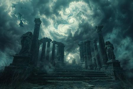 Ruins of Temple of Zeus in the sky. 3d renderの写真素材