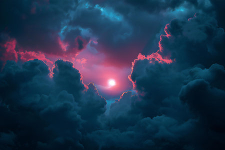 Beautiful sunset in the sky with clouds and sun. Nature background