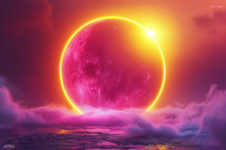 Fantasy landscape with planet, clouds and sun. Vector illustration.