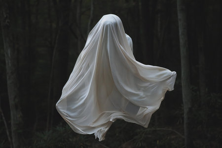 The white fabric is flying in the dark forest