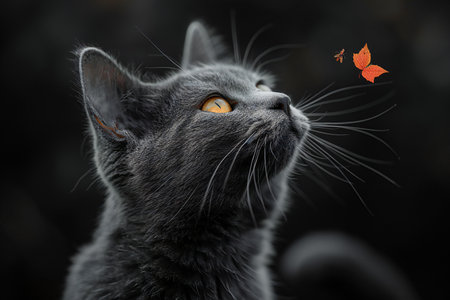 Black cat with orange eyes and butterfly on black background, closeup