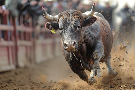 Bull running in a bullring in the province of Zamora, Spainの写真素材