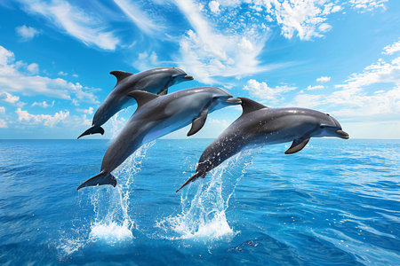 Dolphins jumping out of the water on a sunny day. 3d renderの写真素材