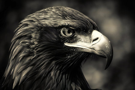 Close-up portrait of an eagle in black and white colors.